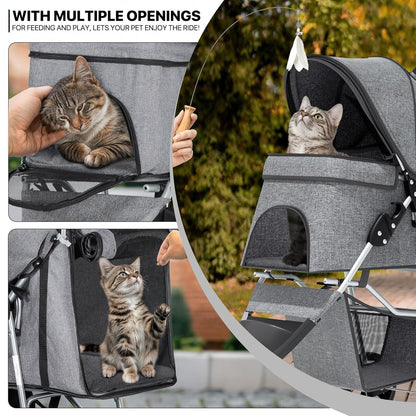 MoNiBloom Foldable Pet Stroller with Weather Cover, 3 Wheels Pet Strolling Cart for Small/Medium Dogs and Cats with Storage Basket and Cup Holder, Breathable and Visible Mesh for All-Season, Black