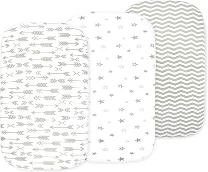 3-Pack Bedside Sleeper Bassinet Sheets | GOTS Certified Organic 100% Muslin Cotton | Ultra Soft & Breathable | 33×20×4” Fitted Sheets | Universal Fit 29–33” x 17–21” Pads