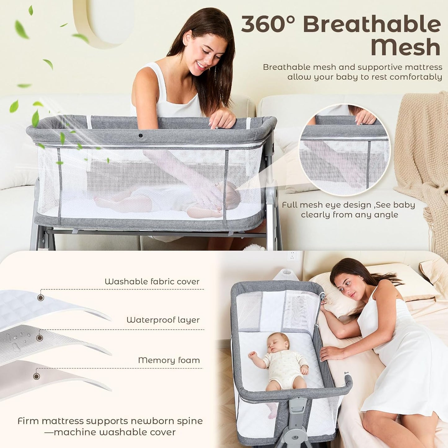 3-in-1 Baby Bassinet Bedside Sleeper with Wheels Bedside Bassinet for Newborn and Infant with Mattress and Storage Basket | Adjustable Height & Angle (13.5-18") | ASTM/CPSIA Certified (Pink)