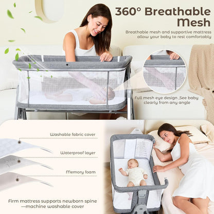 3-in-1 Baby Bassinet Bedside Sleeper with Wheels Bedside Bassinet for Newborn and Infant with Mattress and Storage Basket | Adjustable Height & Angle (13.5-18") | ASTM/CPSIA Certified (Pink)