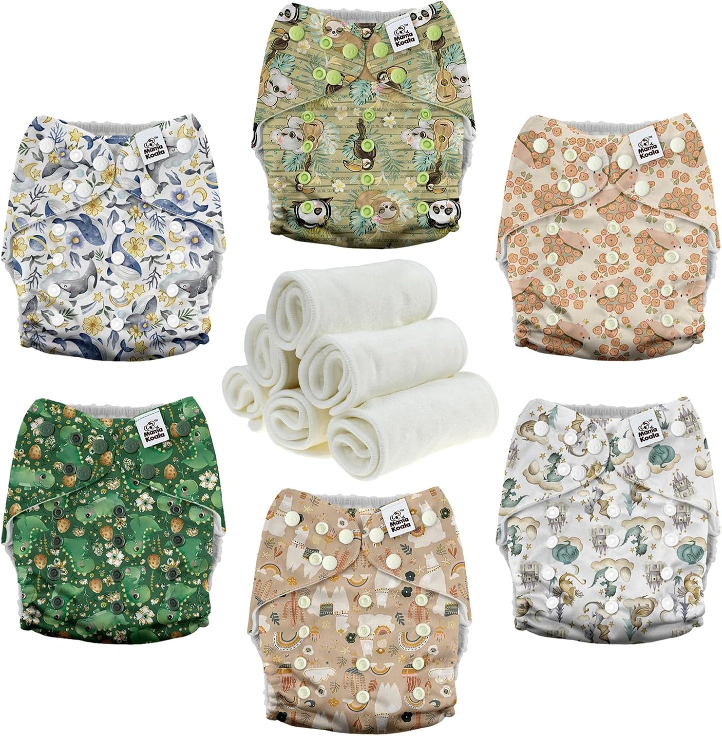 Mama Koala 3.0 Pocket Cloth Diapers for Babies with AWJ Lining, 6 Pack with 6 4-Layer Natural Cloth Diaper Inserts - Reusable and Washable Pocket Diapers(Hardworking Bees) - Colors A
