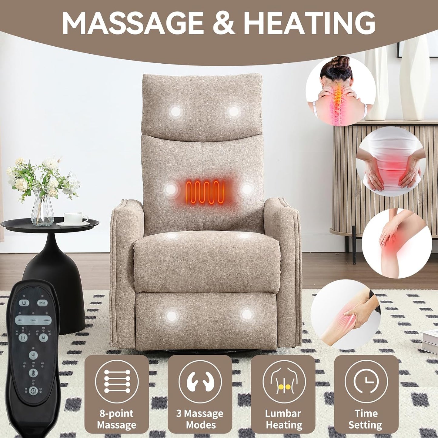 Swivel Rocker Recliner Chair for Adults, Nursery Rocking Chair with Heat and Massage, Glider Reclining Chair for Small Space Living Room Bedroom, Faux Leather Black