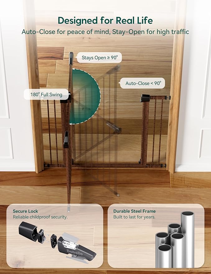 Babelio Metal Auto Close Baby Gate PressGuard, 29"-55" Extra Wide Pet Gate for The House and Doorways, Pressure Mounted Walk Thru Child Gate with Door, Black Wood Pattern, 30" Tall