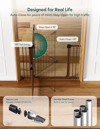 Babelio Metal Auto Close Baby Gate PressGuard, 29"-55" Extra Wide Pet Gate for The House and Doorways, Pressure Mounted Walk Thru Child Gate with Door, Black Wood Pattern, 30" Tall