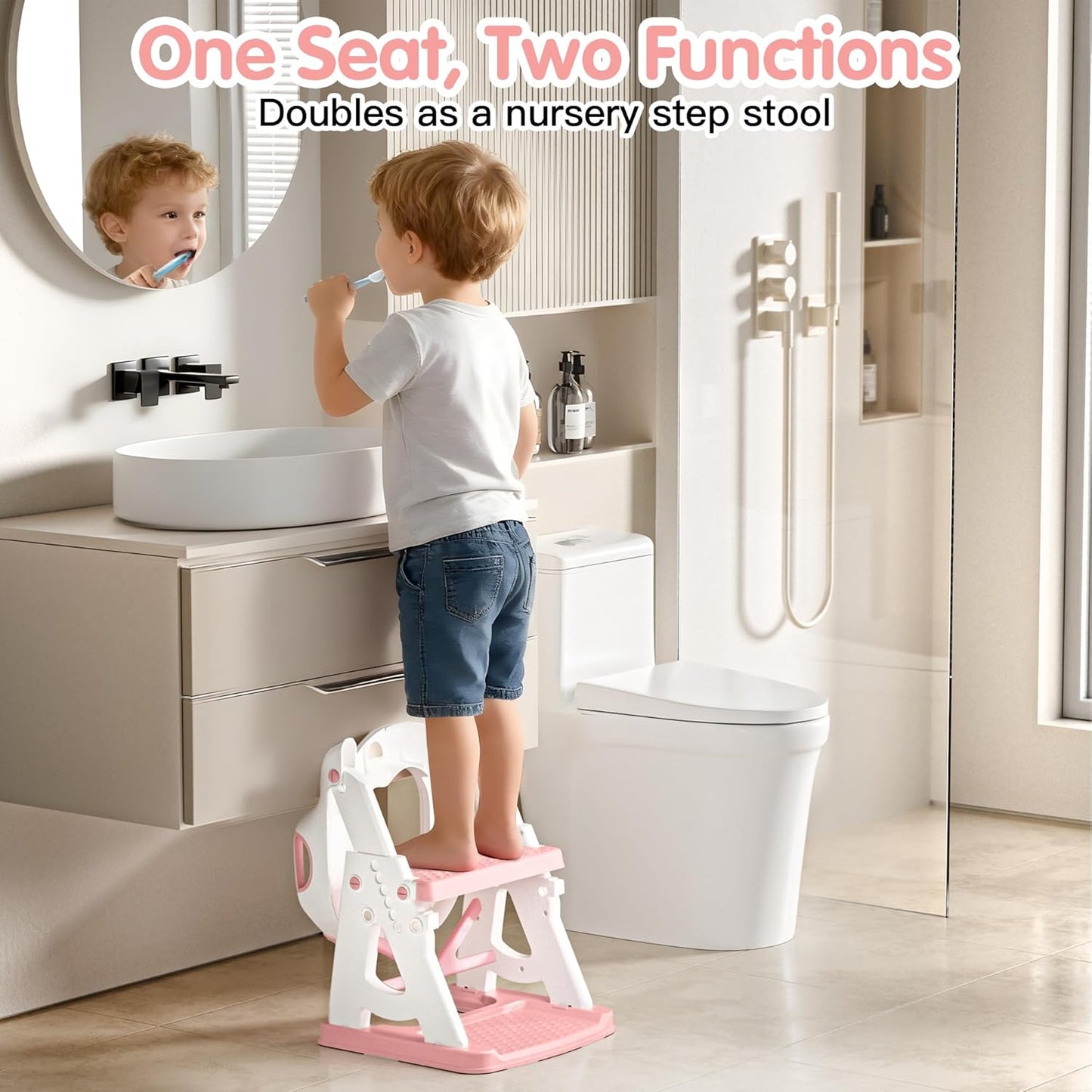 Potty Training Seat, 2 in 1 Potty Training Toilet with Step Stool for Boys Girls, Toddler Toilet Seat with Stabilizer Crossbar, Anti-Slip Pads and Splash Guard, Pink