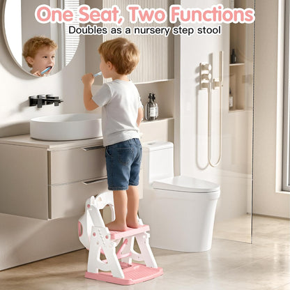 Potty Training Seat, 2 in 1 Potty Training Toilet with Step Stool for Boys Girls, Toddler Toilet Seat with Stabilizer Crossbar, Anti-Slip Pads and Splash Guard, Pink