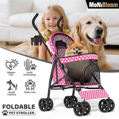 MoNiBloom 4 Wheels Pet Stroller, Easy-Fold Puppy Cage Jogger Stroller with Sun Cover, Pad and Rear Storage Bag, Breathable and Visible Mesh for Small/Medium Pets up to 22 lbs, Black