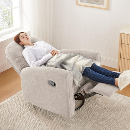 VANOMi 360 Swivel Rocker Recliner Chair, Nursery Rocking Chair with Tufted Backrest, Manual Recliner Chairs for Small Spaces, Upholstered Glider Nursing Chair for Living Room, Bedroom (White)