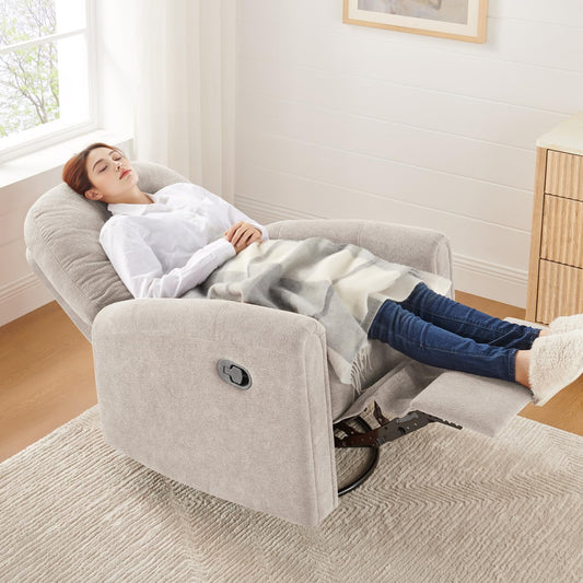 VANOMi 360 Swivel Rocker Recliner Chair, Nursery Rocking Chair with Tufted Backrest, Manual Recliner Chairs for Small Spaces, Upholstered Glider Nursing Chair for Living Room, Bedroom (White)