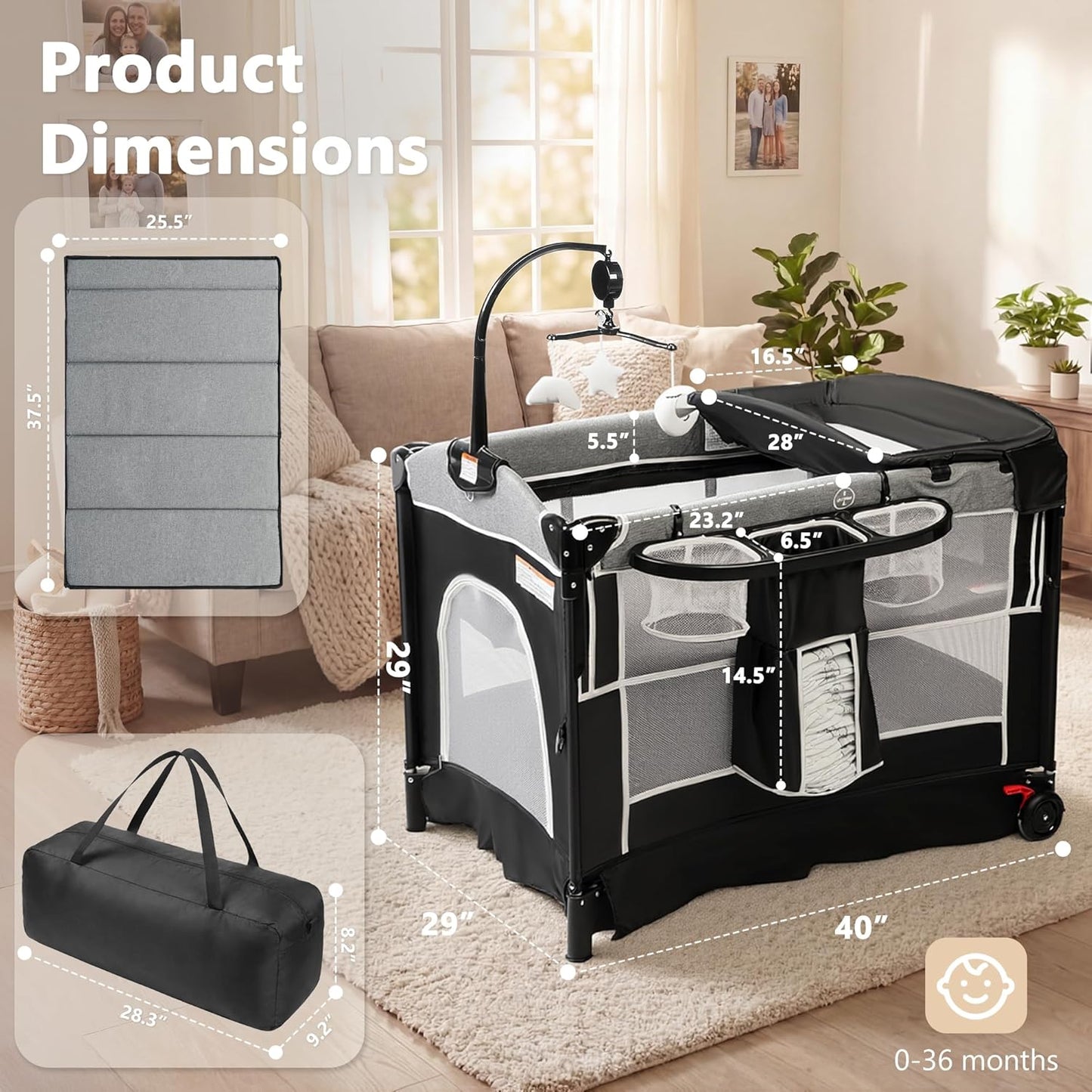 Kinder King 4 in 1 Portable Baby Playard, Foldable Baby Bedside Crib w/Bassinet, Infant Pack and Play Playard Toddler Large Playpen, Newborn Changing Table, Storage Basket, Grey