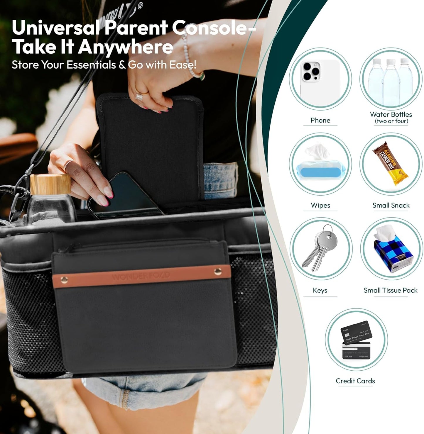 WONDERFOLD Universal Parent Console Stroller Organizer with Insulated Cup Holders, Hook & Loop Closure Handle Attachment, 2 Storage Pockets, Removable Shoulder Strap for Easy Transport