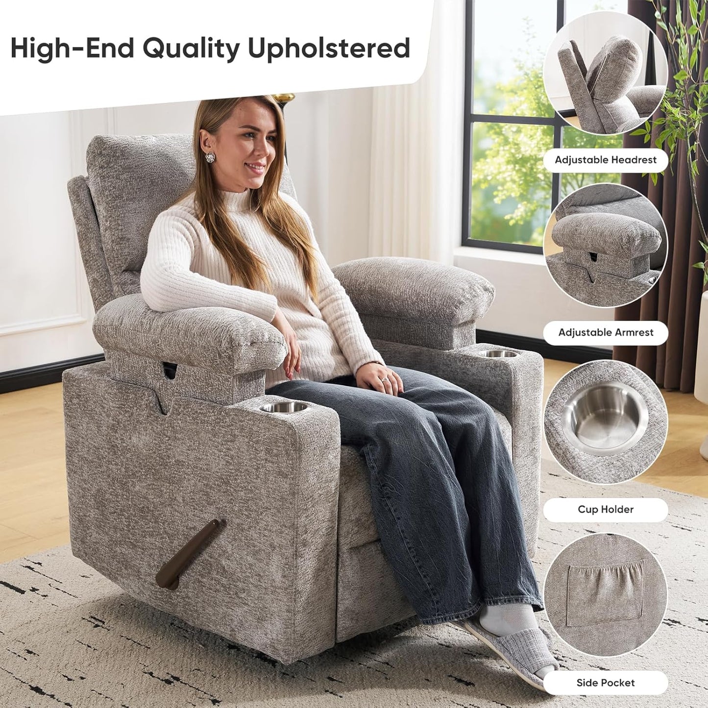 Rocking Chair Nursery with Adjustable Armrests, Electric Glider Recliner Nursing Chair for Breastfeeding, Power Swivel Recliner Chairs with Massage and Heat, Adjustable Headrest , FSC Certified, White