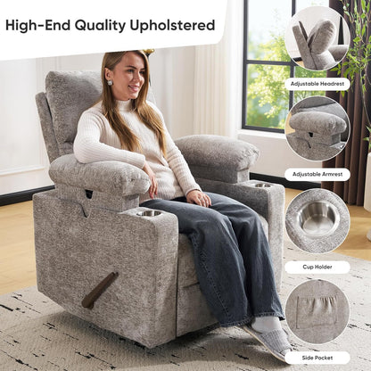 Rocking Chair Nursery with Adjustable Armrests, Electric Glider Recliner Nursing Chair for Breastfeeding, Power Swivel Recliner Chairs with Massage and Heat, Adjustable Headrest , FSC Certified, White