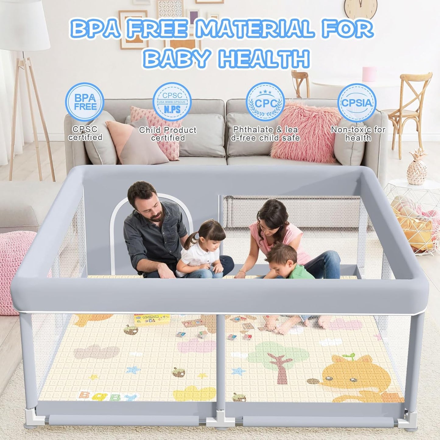 XVISHX Baby Playpen 50 x 50 Inch Play Pen Playards, Playpen for Babies and Toddlers, Baby Playard for Indoor & Outdoor Active Center Game Fence, with Skin-Friendly Fabric and Soft Breathable Mesh Grey