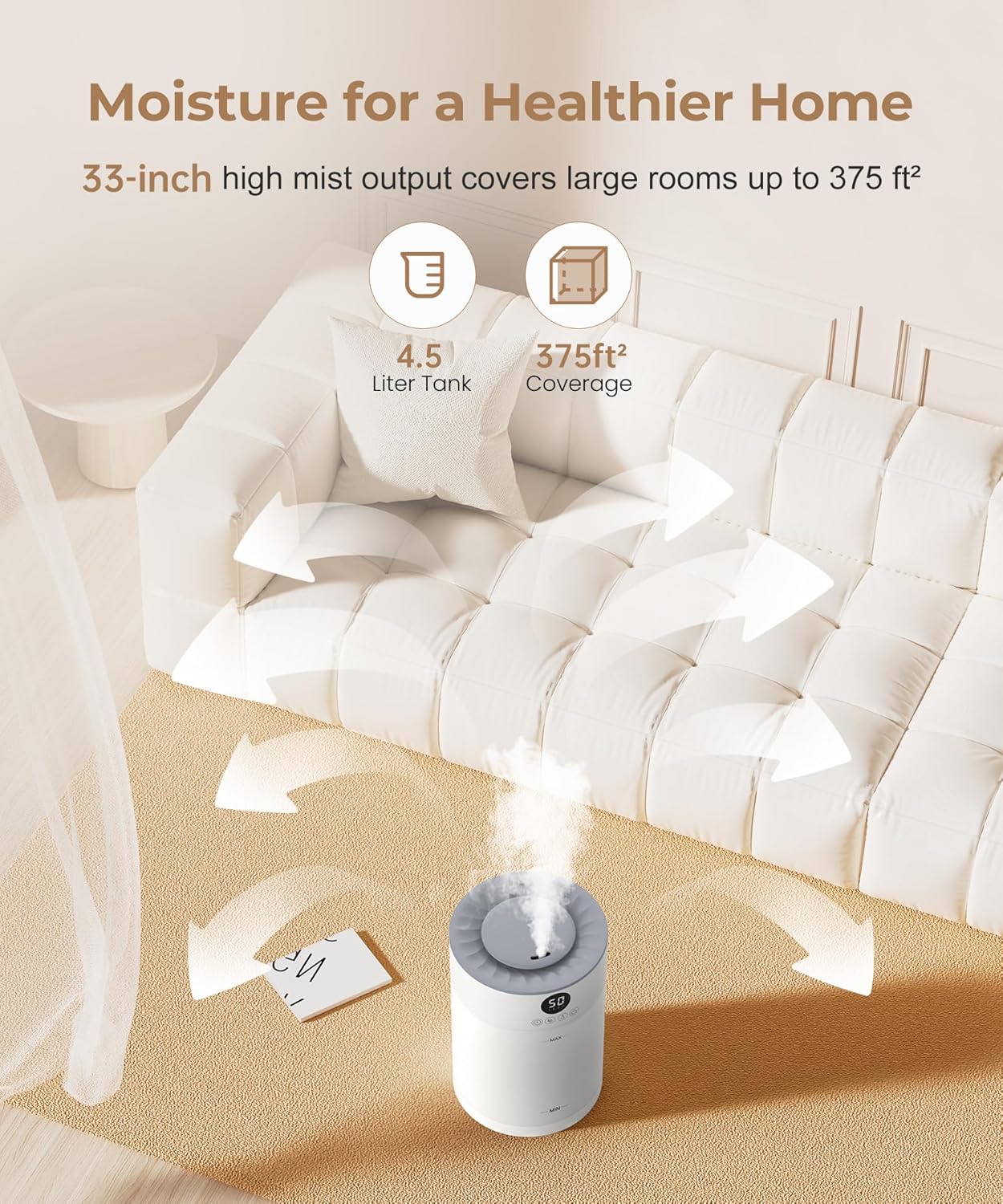 Abolee Humidifiers for Plants 4.5L Cool Mist with Essential Oil Diffuser, Humidifier Large Room, 24dB Quiet Air Humificador fit Baby Nursery & Bedroom, 360° Adjustable, Easy Fill & Cleaning (White)