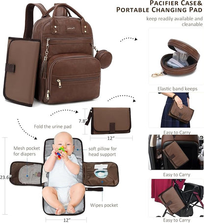 ROSEGIN Premium Vegan Leather Diaper Bag Backpack with Waterproof Changing Pad, Reinforced Zippers & Odor-Free,20 Pockets Pro Organizer, Fits 15.6" Laptop, Stroller Straps, Baby Bag for Mom,Dark Brown