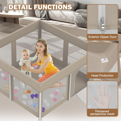 Foldable Baby Playpen 50"×50", Playard for Babies and Toddlers, Portable Safety Baby Fence Lightweight,No Installation, Indoor & Outdoor Playpen with Ocean Balls*50, Grey