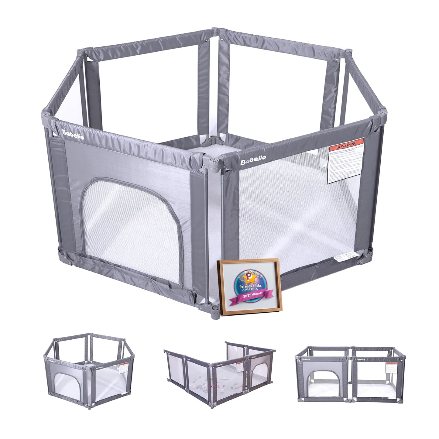 Babelio Foldable Baby Playpen 46" × 46", Portable Playard for Babies and Toddlers, Parents' Picks Awards Winner, No Assembly Required, Indoor & Outdoor Kids Safety Play Pen Area, Travel Fence, Grey