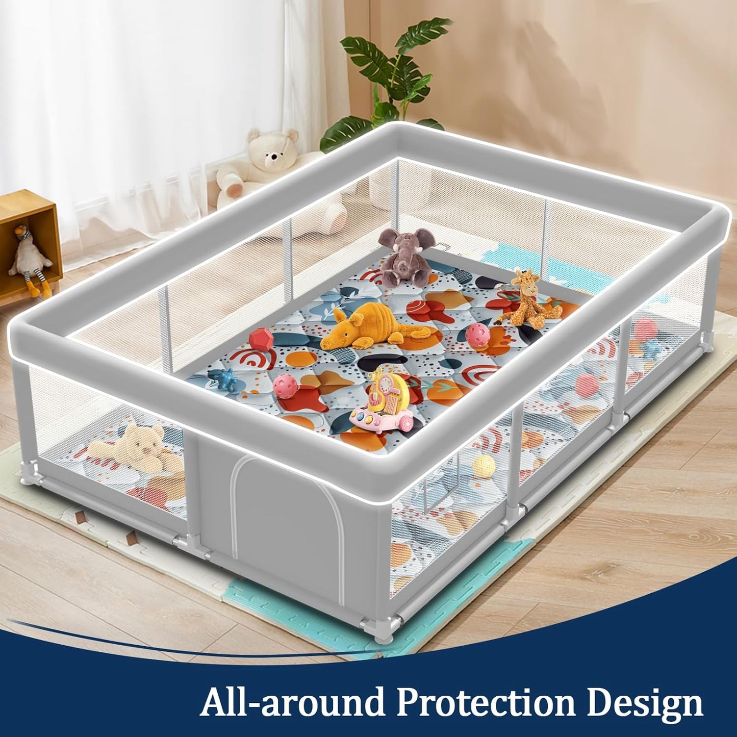 Baby Playpen with Mat, 50x50 Inch Playpen with Mat Waterproof for Babies and Toddlers Play Pen Playards Safety Gate Fence Active Center Indoor