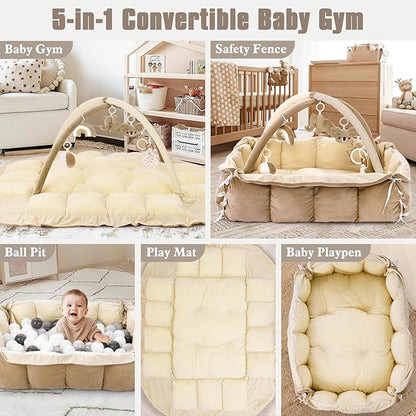 5-in-1 Plush Baby Play Gym, Baby Play Mats, Convertible Baby Gym, Tummy time mat, 6 Sensory Toys, Activity Center, Ball Pit, Cream