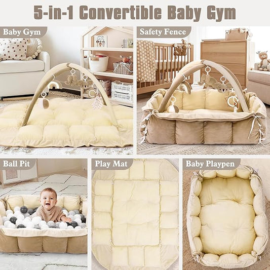 5-in-1 Plush Baby Play Gym, Baby Play Mats, Convertible Baby Gym, Tummy time mat, 6 Sensory Toys, Activity Center, Ball Pit, Cream