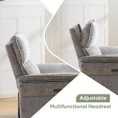 Oversized Glider Rocker Recliner, 26" Extra Wide 360° Swivel Nursery Recliner with Adjustable Headrest, Chenille Rocking Nursery Chair with Overstuffed Armrest, Lumbar Support, Light Grey