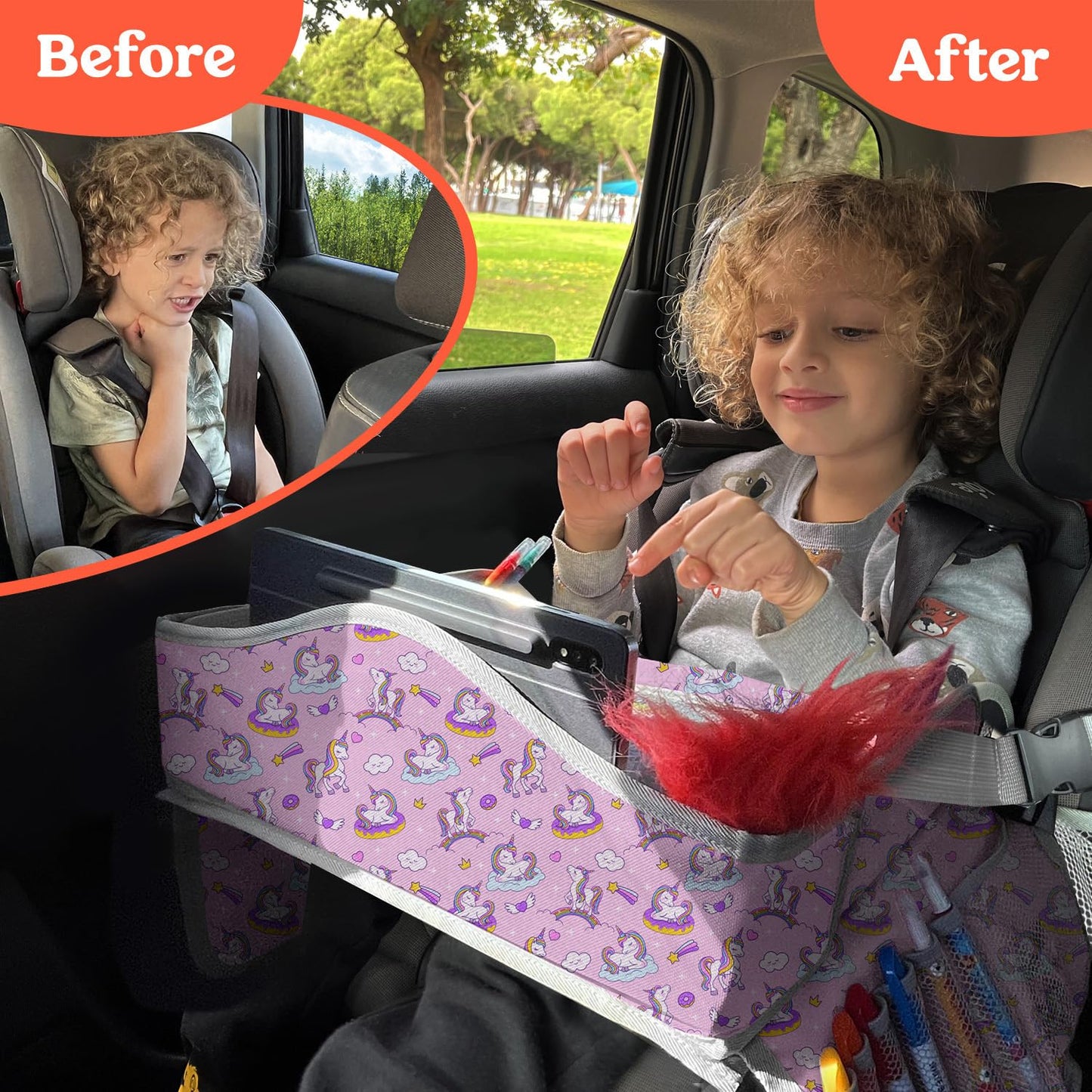 PILLANI Kids Travel Tray for Car Seat - Carseat Tray w/ iPad Holder & Dry Erase Board, Road Trip Activities - Toddler Lap Desk Organizer for Airplane - Roadtrip & Travel Essentials - Pack of 2, Pink