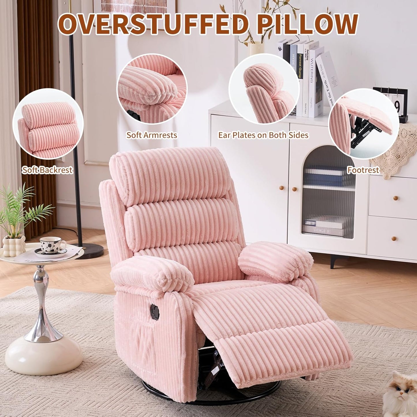 Adult 360° Rocking Recliner Chair，Nursery Rocker Reclining Chair with Side Pocket, a Comfy upholstered Single Sofa Armchair. Suitable for Living Room, Bedroom Nursing use, Velvet Fabric in Beige