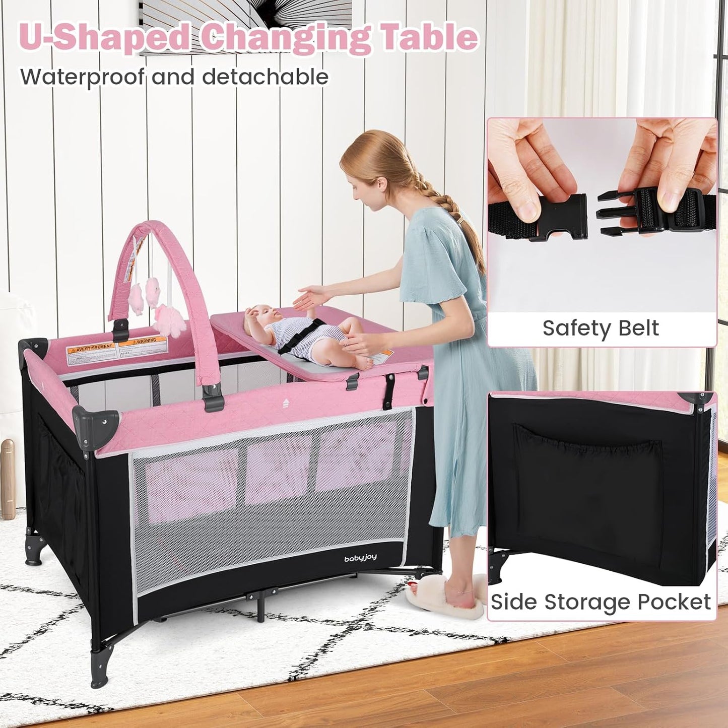 BABY JOY 3 in 1 Pack and Play, Travel Baby Crib Bassinet Bed with Bassinet, Changing Table with Safety Belt, Toy Bar, Lockable Wheels, Portable Baby Playard from Newborn to Toddler