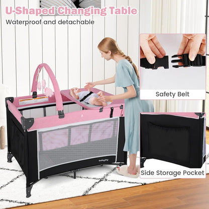 BABY JOY 3 in 1 Pack and Play, Travel Baby Crib Bassinet Bed with Bassinet, Changing Table with Safety Belt, Toy Bar, Lockable Wheels, Portable Baby Playard from Newborn to Toddler