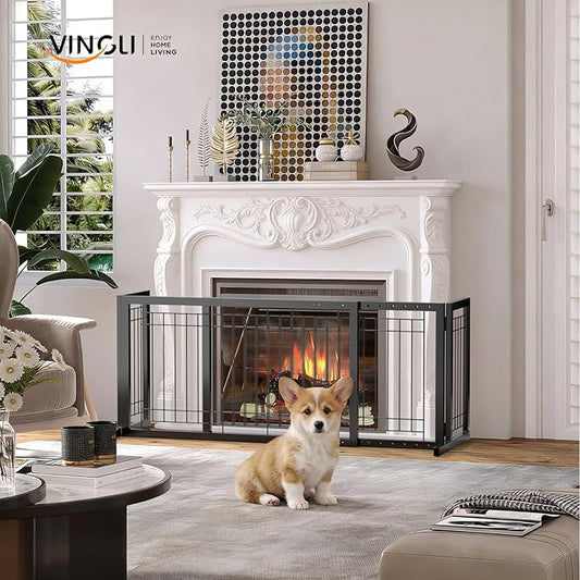 Bonnlo Free Standing Dog Gate, 37" - 68" Wide Pet Gate for Fireplace Stairs Doorways, Metal Adjustable Pet Fence Indoor, Christmas Tree Gate (Metal-Black)