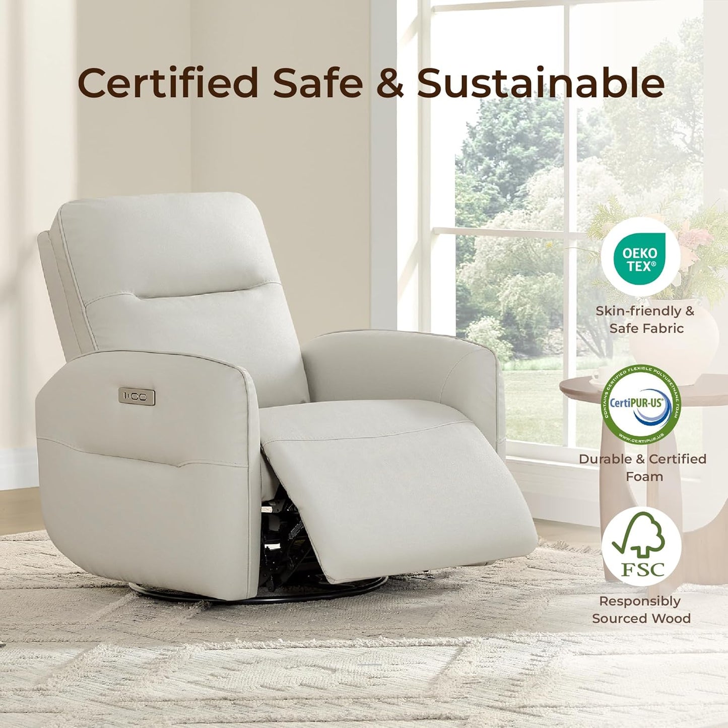 CHITA Power Recliner Chair, Faux Leather Swivel Glider for Adults, Electric Nursery Rocking Chair with USB & Type-C Charging for Living Room, Bedroom, Chocolate Brown