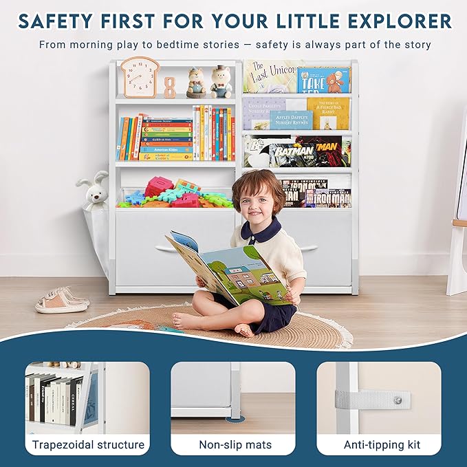 LOFTEY Kids Bookshelf and Toy Storage, Book Shelf for Kids Room, Toddler Montessori Bookshelf with 2 Drawers, Baby Book Shelf for Nursery, Toy Organizer, White