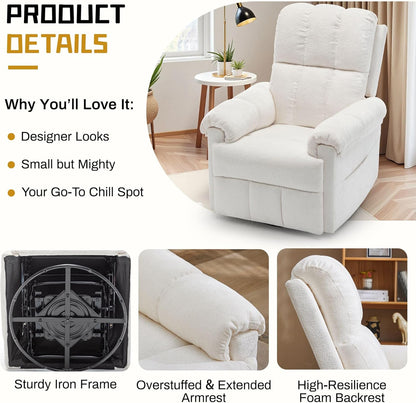 Korser Recliner Chair, Swivel Rocker Recliner Chair for Adults, Small Recliners for Small Spaces, Upholstered Manual Recliner with Side Pockets, Nursery Rocking Chair for Living Room, Chenille, Beige