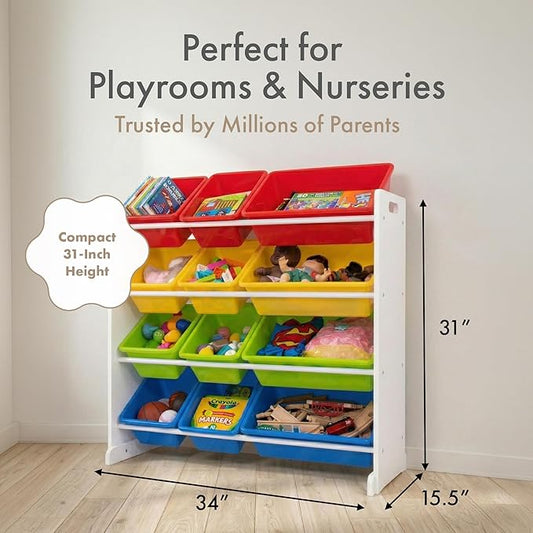 Humble Crew Kids Toy Storage Organizer with 12 Plastic Bins, White/Primary – Removable Bins for Playroom, Bedroom, Toddler Furniture for Boys and Girls Ages