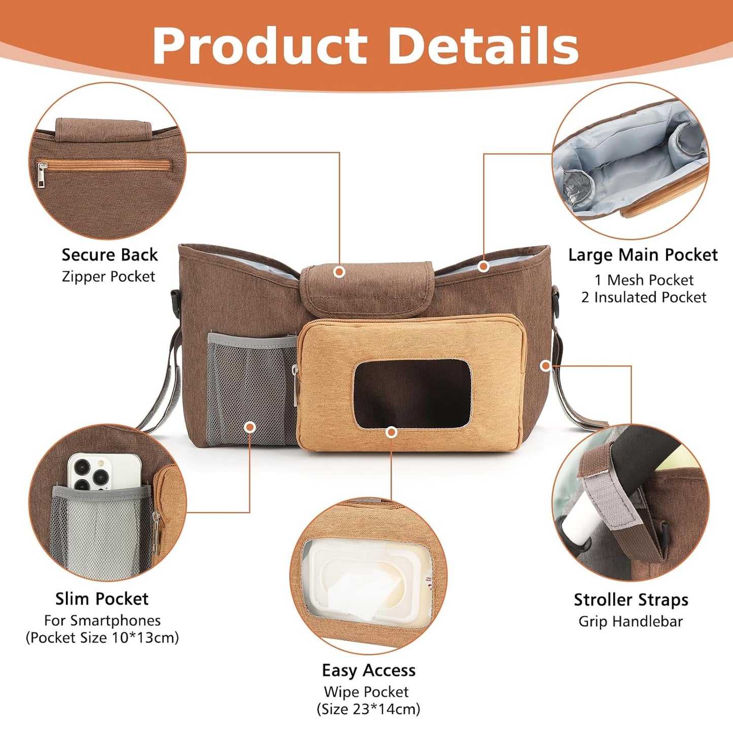 Accmor Universal Stroller Organizer with Insulated Cup Holder, Stroller Caddy Bag Accessories, Stroller Cup Holder Organizer for Uppababy Baby Jogger Britax Stroller, Black