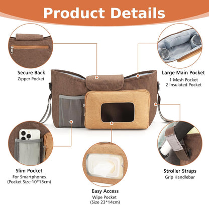Accmor Universal Stroller Organizer with Insulated Cup Holder, Stroller Caddy Bag Accessories, Stroller Cup Holder Organizer for Uppababy Baby Jogger Britax Stroller, Black