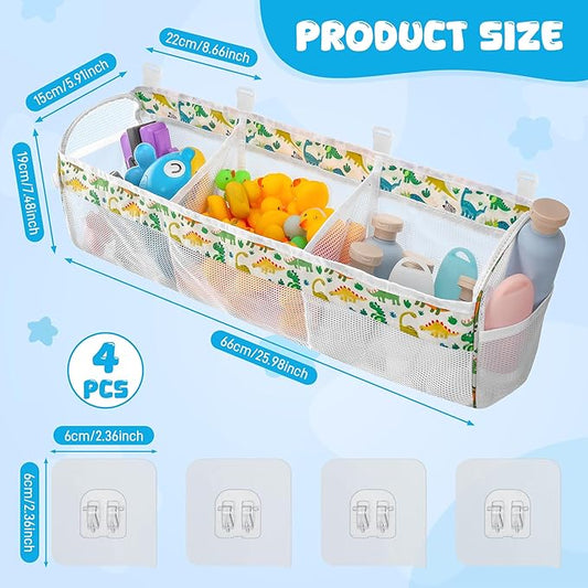 Dinosaur Bath Toy Storage Organizer, 3 Compartment Bath Toy Holder for tubs with Large Openings, Large Capacity & Quick-Drying Mesh - 4 Strong Adhesive Hooks for Easy Access