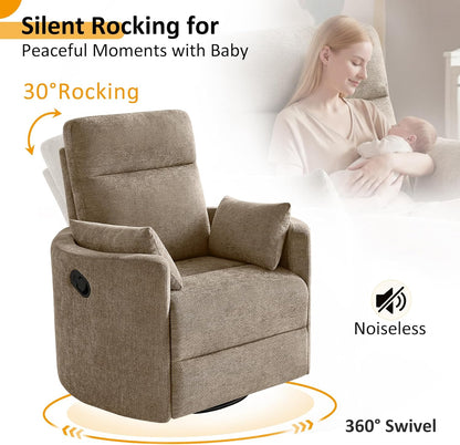 Nursery Rocking Chair, Oversized 360° Swivel Glider Recliner Chair, Upholstered Nursery Rocker with 2 Pillows and Footrest, Cozy Reclining Sofa for Living Room, Bedroom, Nursing, Olive