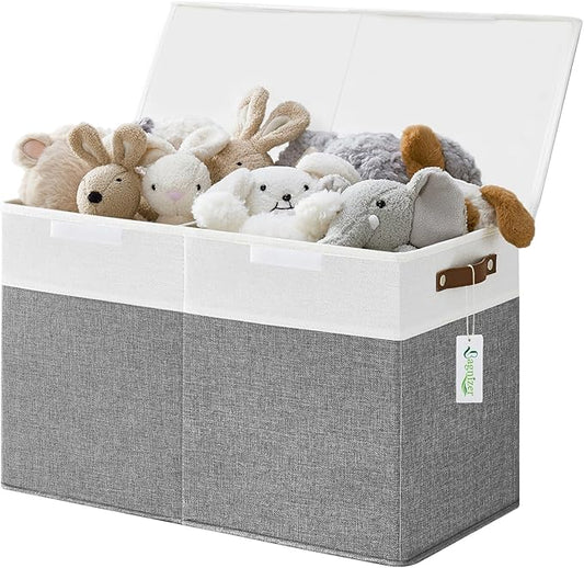 Bagnizer Large Toy Storage Box with Lids, Collapsible Sturdy Baby Storage Organizer Chest Bin Basket for Kids, Boys, Girls, Playroom, Nursery, Bedroom, Closet 25"x13"x16" (Gray and White)