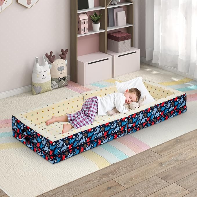 Umoving 100% Cotton Lining Portable Foldable Toddler Travel Bed - Soft Foam Floor Bed with Washable Cover, Safe and Comfortable Toddler Crib, Ocean Blue