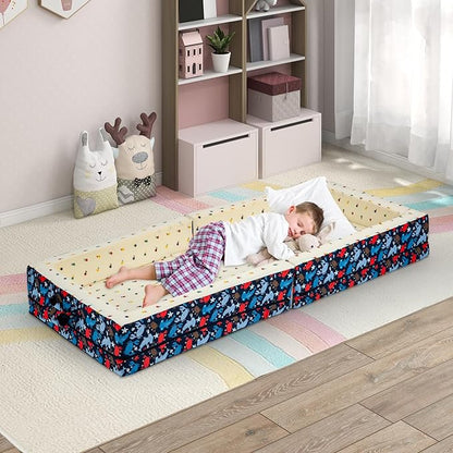 Umoving 100% Cotton Lining Portable Foldable Toddler Travel Bed - Soft Foam Floor Bed with Washable Cover, Safe and Comfortable Toddler Crib, Ocean Blue