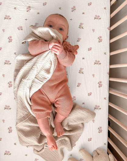 Muslin Bedside Bassinet Sheets 2 Pack, 33x20 Fitted Ultra Soft & Breathable Bedside Sleeper Sheets, Ideal for Baby Girl and Boy, Perfect for Newborns (Hopping Bunnies & Beige)