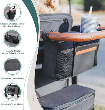 WONDERFOLD Universal Parent Console Stroller Organizer with Insulated Cup Holders, Hook & Loop Closure Handle Attachment, 2 Storage Pockets, Removable Shoulder Strap for Easy Transport