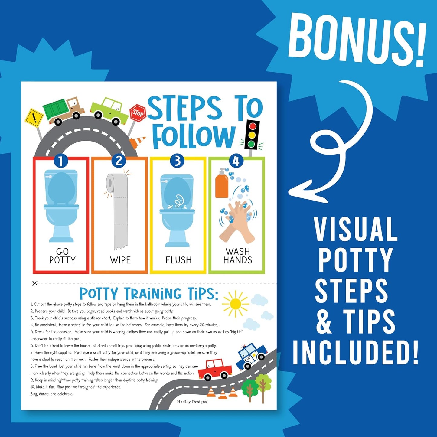 Hadley Designs Potty Training Chart for Toddlers Boys -10 Sticker Potty Chart for Toddlers Boys, 8.5x11" Potty Training Sticker Charts for Toilet Success, Monster Truck Toddler Reward Chart for Kids