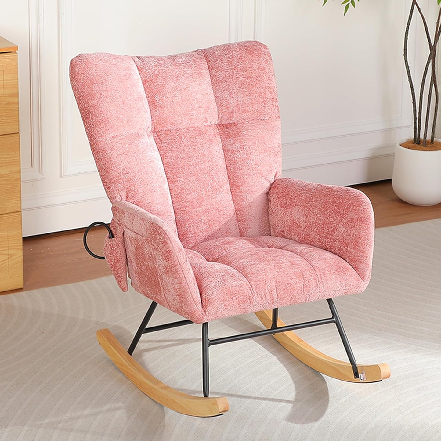Rocking Chair Nursery with Airbag, Comfy Modern Nursery Rocking Reading Chair indoor with Footrest, Cozy Upholstered Glider Rocker Chairs for Living Room Bedroom Offices(Chenille, Dark Grey)