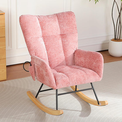 Rocking Chair Nursery with Airbag, Comfy Modern Nursery Rocking Reading Chair indoor with Footrest, Cozy Upholstered Glider Rocker Chairs for Living Room Bedroom Offices(Chenille, Dark Grey)