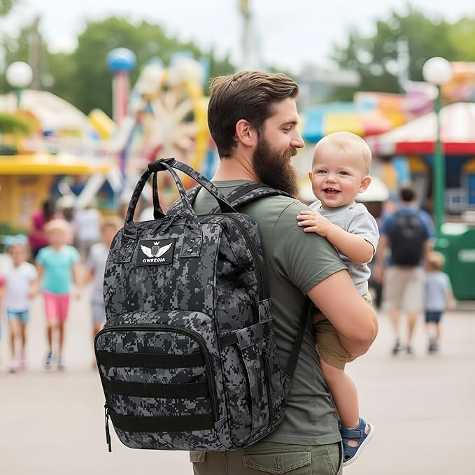 Diaper Bag Backpack with USB Charging Port Stroller Straps and Insulated Pocket,army military Travel Nappy Backpack for Dad/Mom (Black Camo)