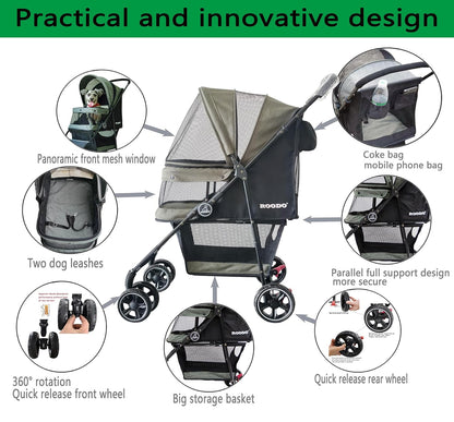 ROODO 4 Wheel Dog Cat Pet Stroller Best Lightweight Foldable Compact Portable Jogger All Terrain Travel Pet Gear Puppy Doggie Bunny Kitty Stroller for up to 30lbs Medium Small Dogs Cats(Light Khaki)