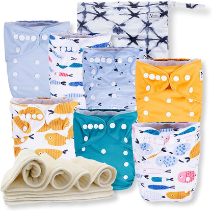 Nora's Nursery Cloth Diapers 7 Pack with 7 Inserts & 1 Wet Bag - Waterproof Cover, Washable, Reusable & One Size Adjustable Pocket Diapers for Newborns and Toddlers - Delilah